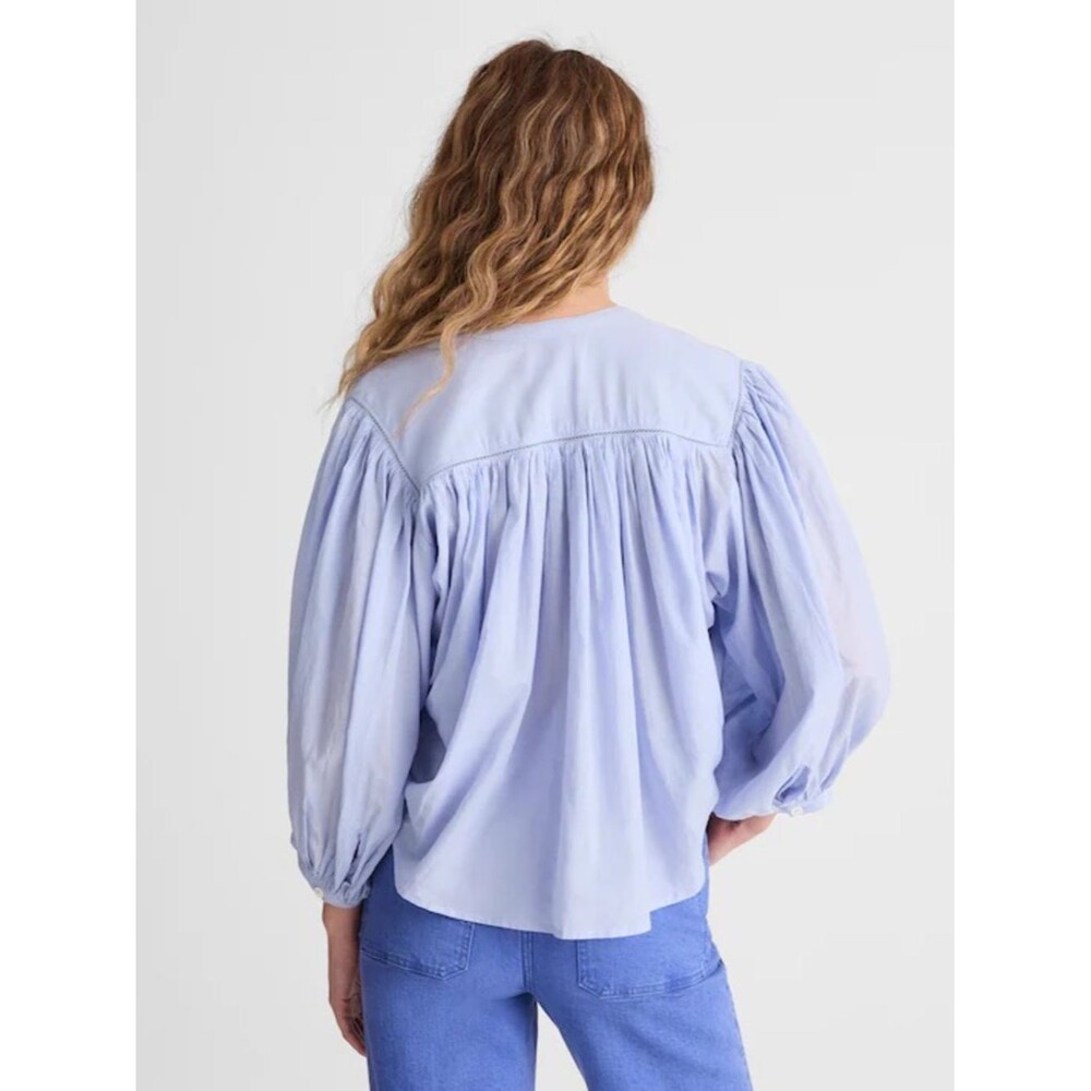 Madewell Shirred Crewneck Button-Up Top Women’s Medium Tranquil Blue Lightweight - Picture 4 of 10